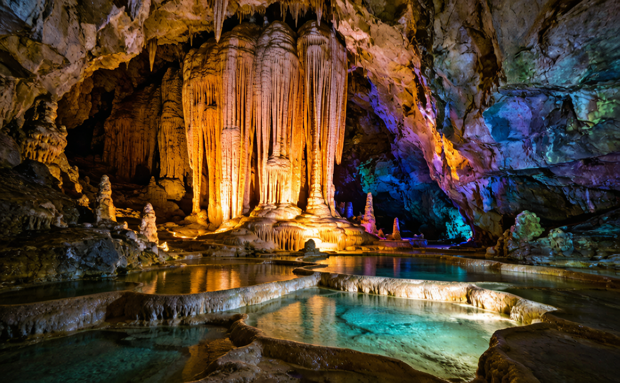 Lit stalactite formations in a dry gallery of Longgong Cave, Guizhou, China