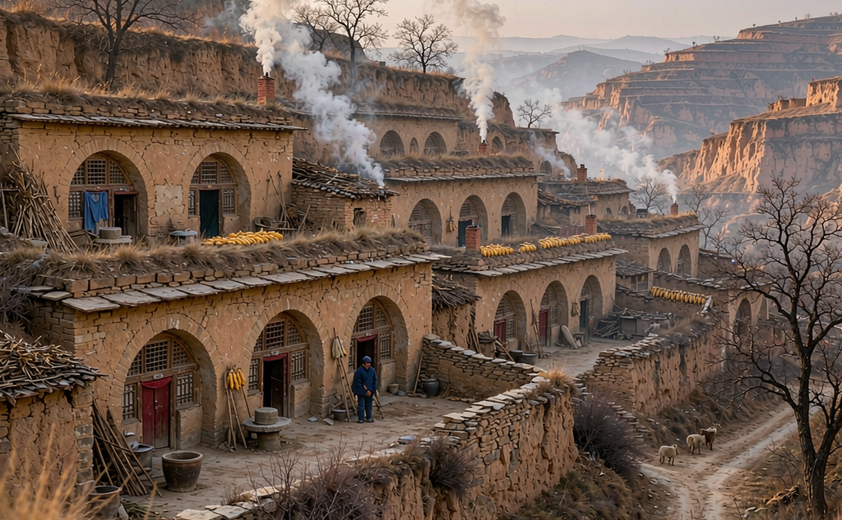 Stacked cave dwellings of Li Jiashan village on the Luliang loess plateau at sunrise