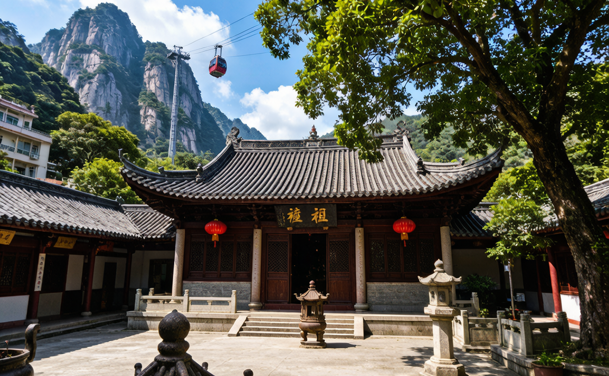 Luofu Mountain's tree-covered granite peaks wrapped in morning mist near Huizhou, Guangdong, China