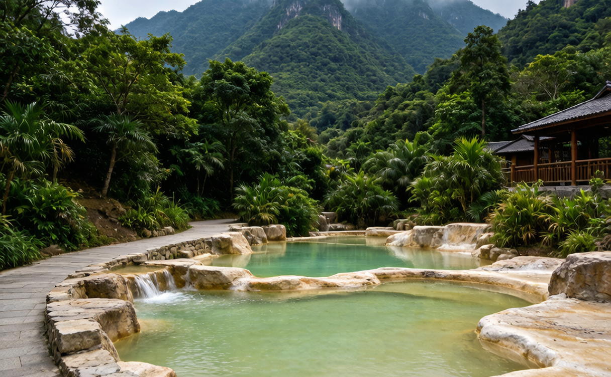 Red Taoist pavilion and stone steps winding through forest on a Luofu Mountain hiking trail