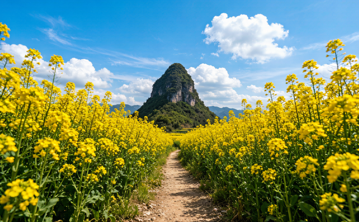 Luoping rapeseed flower guide - golden canola fields surrounding conical karst peaks at sunrise