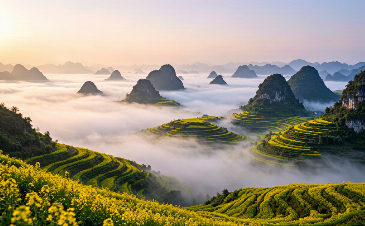 Luoping rapeseed flower guide - snail-shell terraced rapeseed fields at Niujie in morning mist