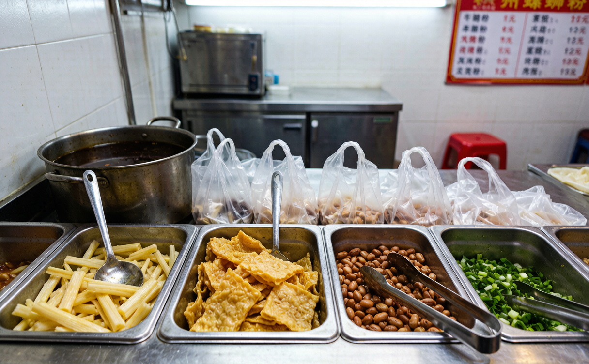 Luosifen snail noodles shop counter with pickled bamboo shoots and peanuts