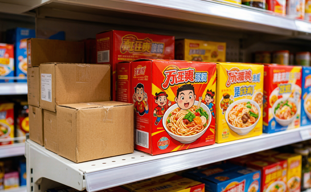 Instant luosifen snail noodles packets on a Chinese supermarket shelf
