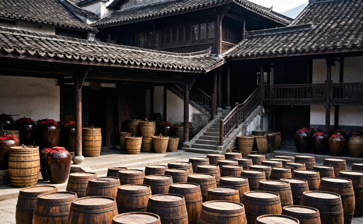 Luzhou Laojiao distillery courtyards with wooden fermentation barrels
