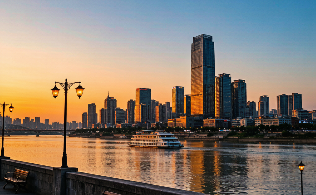 Luzhou Yangtze river embankment and skyline at dusk