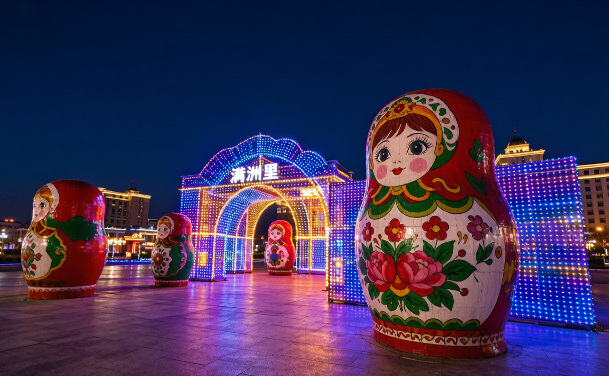Manzhouli travel guide - Russian-style architecture lit up at night in Manzhouli, Inner Mongolia