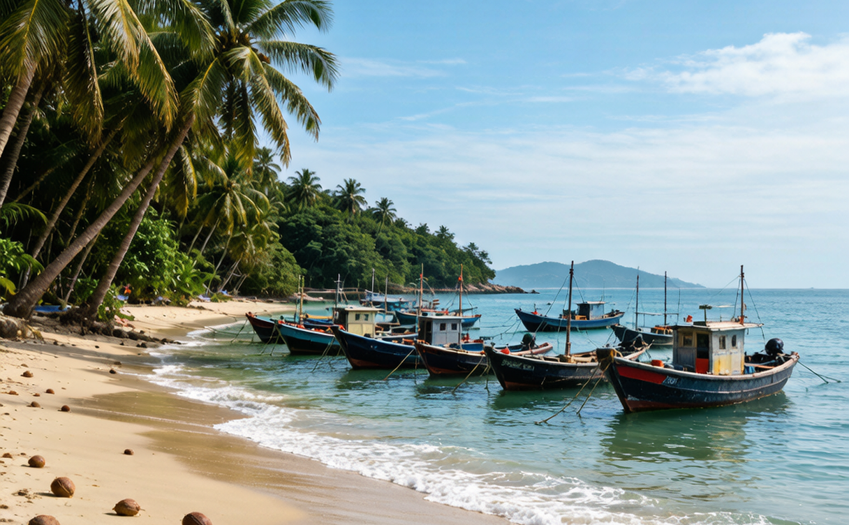 Coconut-fringed beach and fishing boats at Maoming, Guangdong