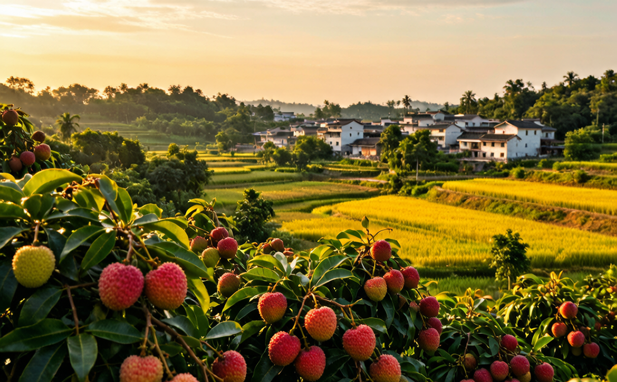 Rural lychee orchards and tropical farmland near Maoming, Guangdong