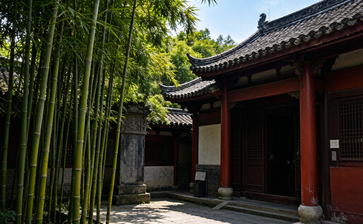 Three Su Shrine classical courtyard with bamboo groves in Meishan