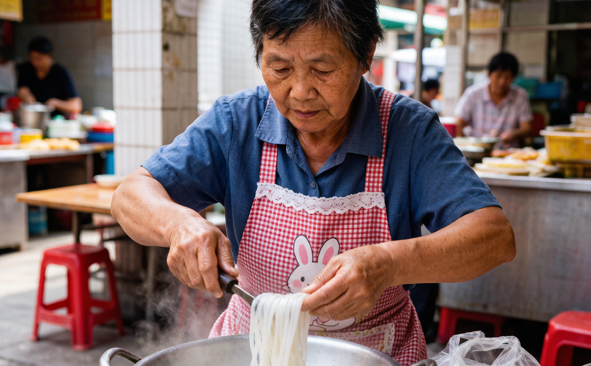 Evening street market in Meizhou with steam rising from noodle and tofu carts under string lights