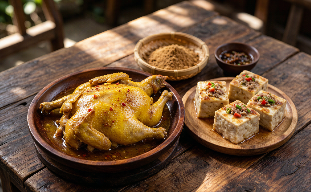 Meizhou travel guide - Hakka salt-baked chicken and stuffed tofu on a wooden table