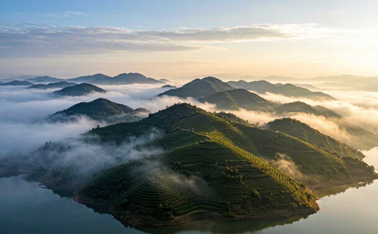 Meizhou travel guide - misty tea terraces on hills near Yandong