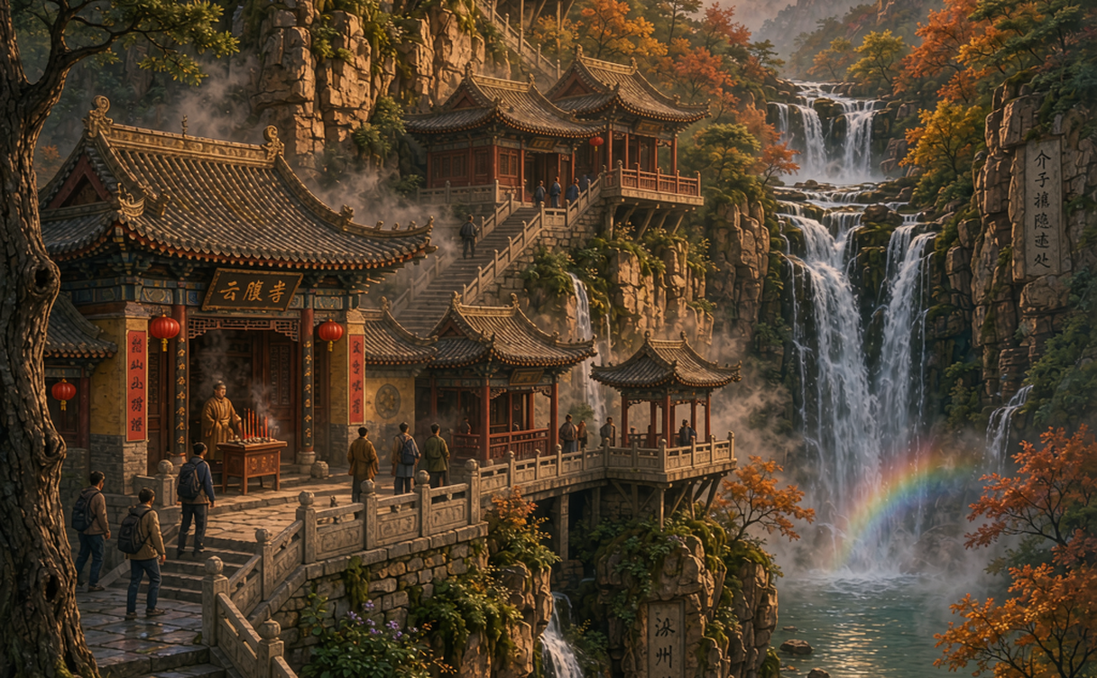 Mianshan mountain monastery among pines and a waterfall in Shanxi, China