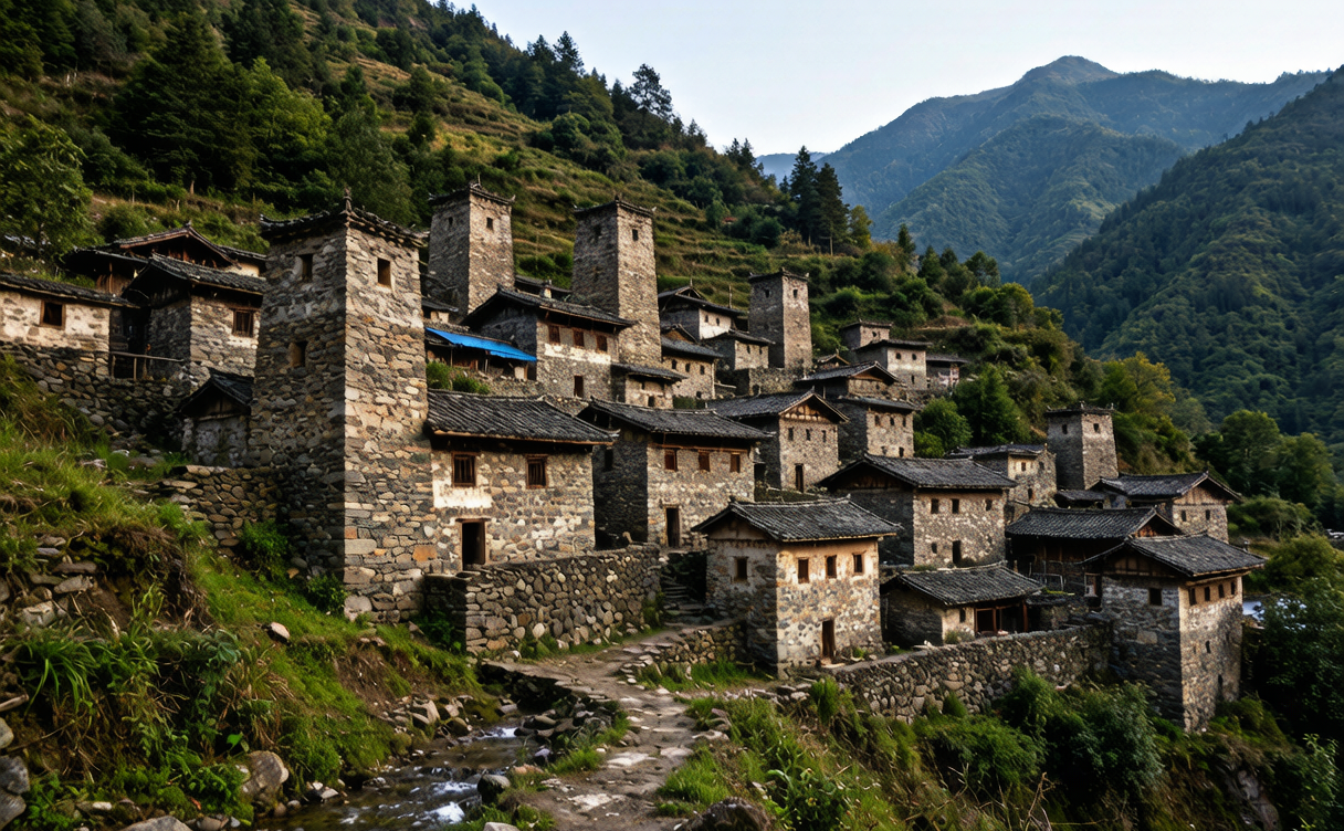 Mianyang travel guide - Qiang minority stone watchtower village on a hillside