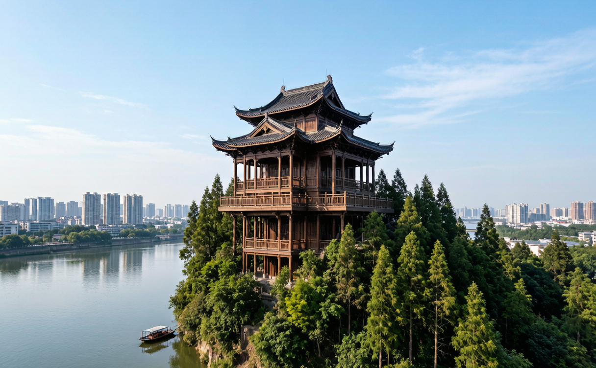 Mianyang travel guide - Yuewang Tower rising above the Fu River