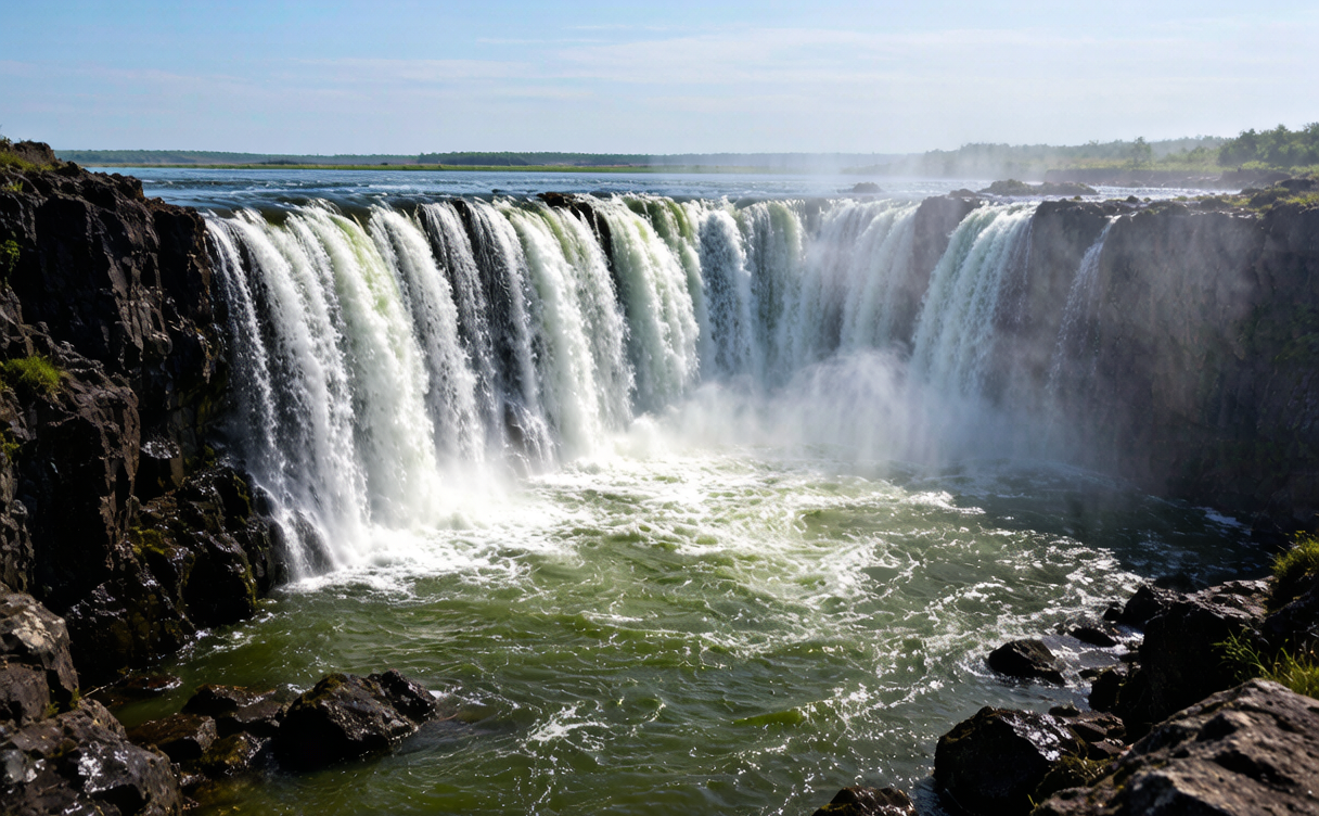 Jingpo Lake waterfall plunging over a dark basalt cliff into a green pool in Mudanjiang, Heilongjiang