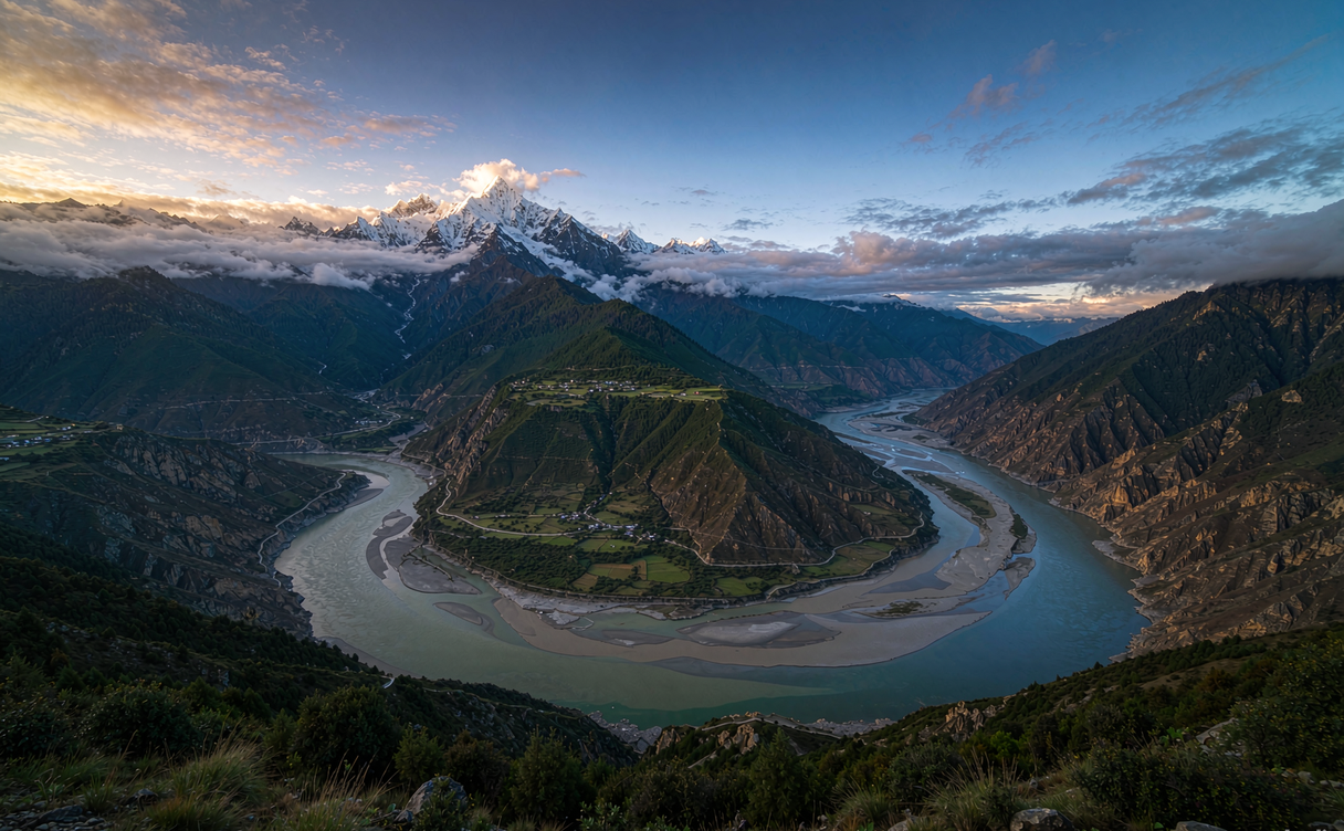 Namcha Barwa mountain rising above the Yarlung Tsangpo canyon at sunrise