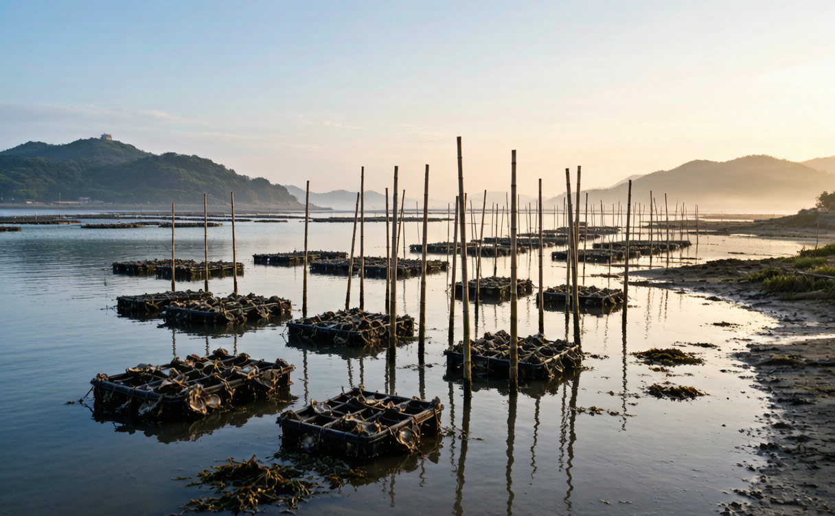 Oyster rafts and bamboo poles in a calm sheltered inlet at low tide on Nanao Island