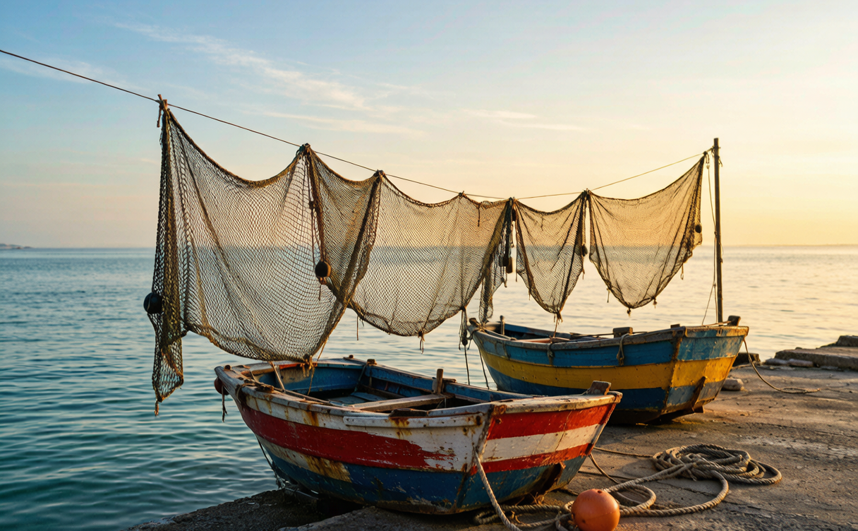 Small fishing pier with painted wooden boats and drying nets on Nanao Island Guangdong