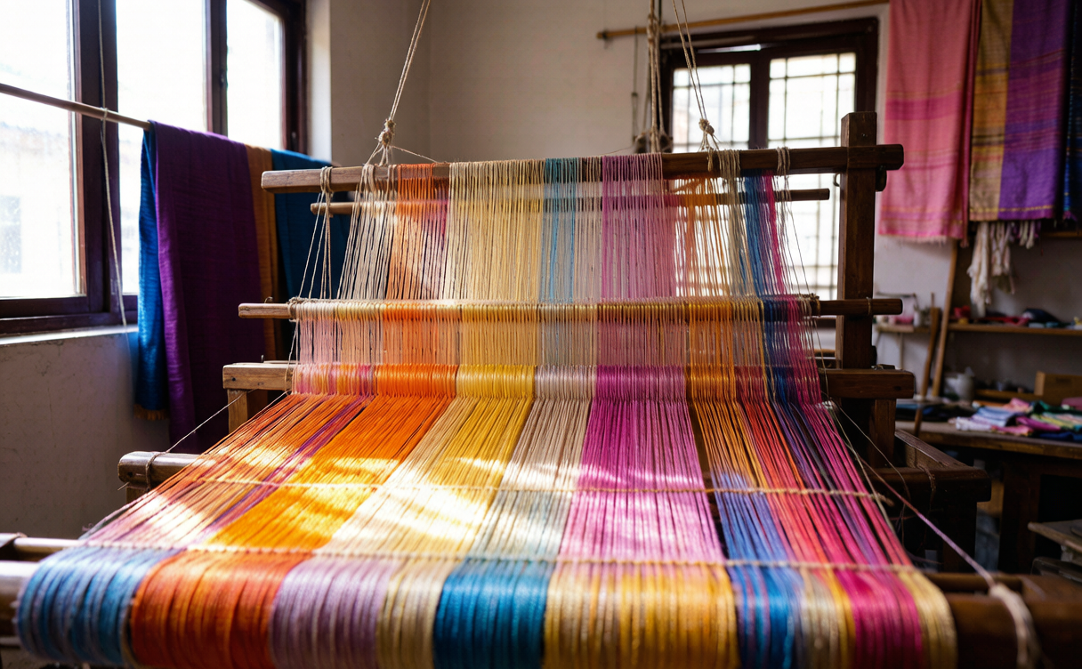 Nanchong travel guide - silk threads on a weaving loom in a Nanchong workshop