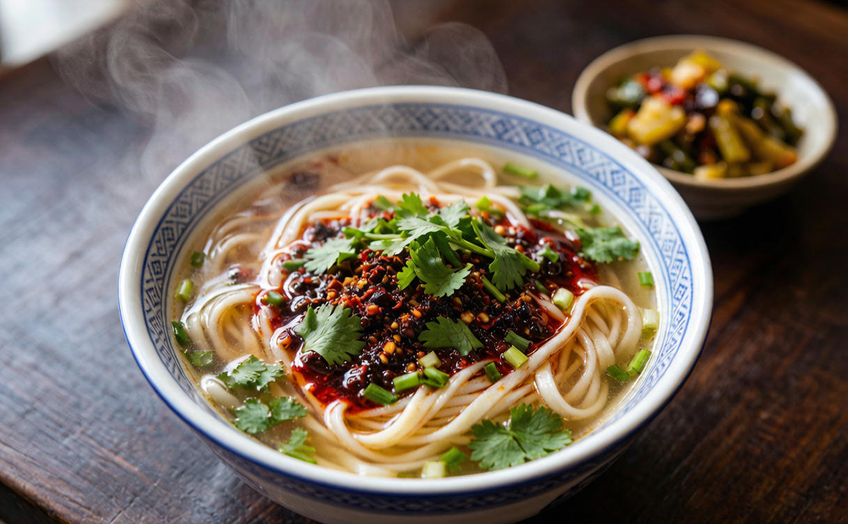 Nanchong travel guide - breakfast bowl of Nanchong rice noodles with chilli and coriander