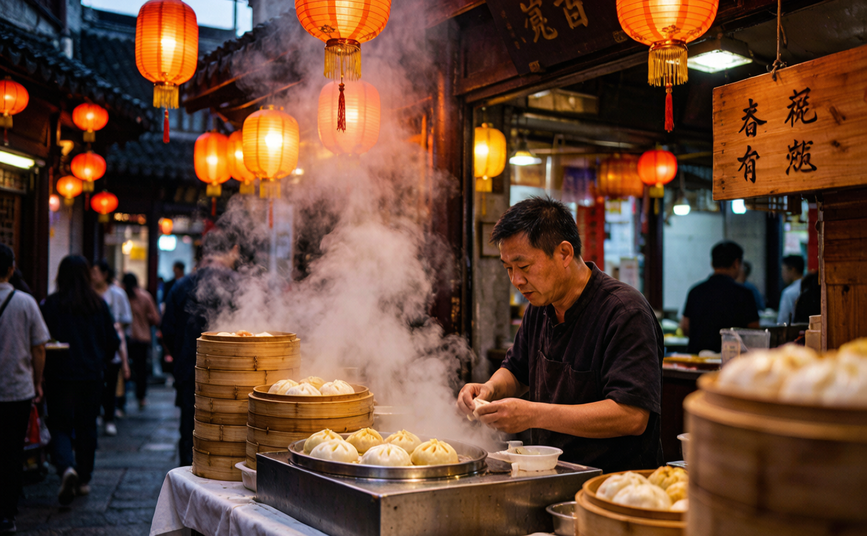 lantern-lit snack lane with steaming counters and bamboo steamers in Nanjing