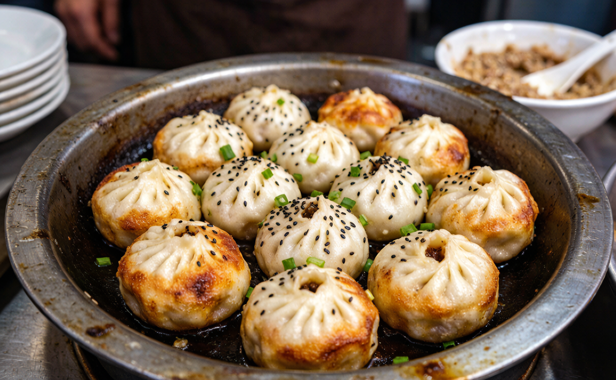 pan-fried soup buns crisping with sesame and scallion in Nanjing