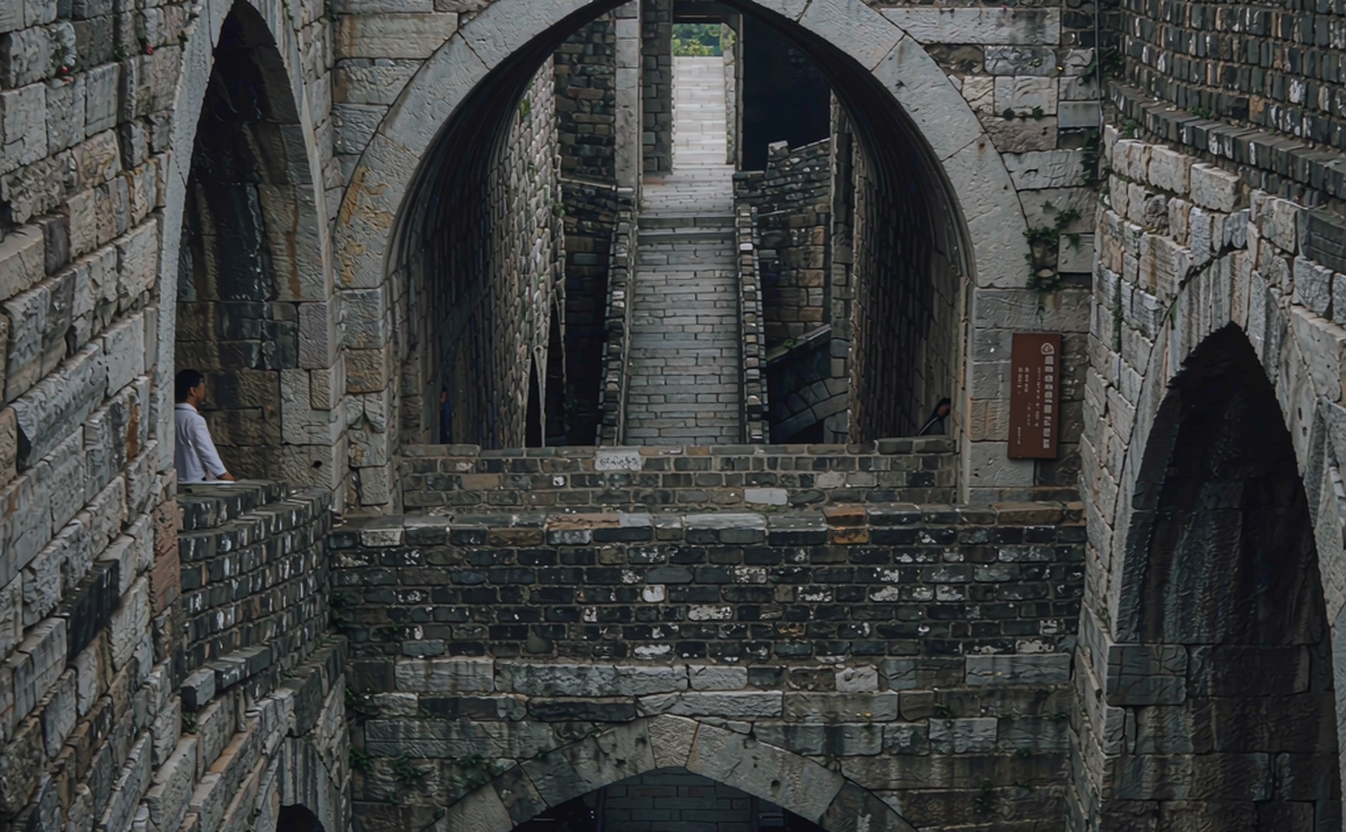 Massive brick ramparts and arched gateways of Zhonghua Gate in Nanjing