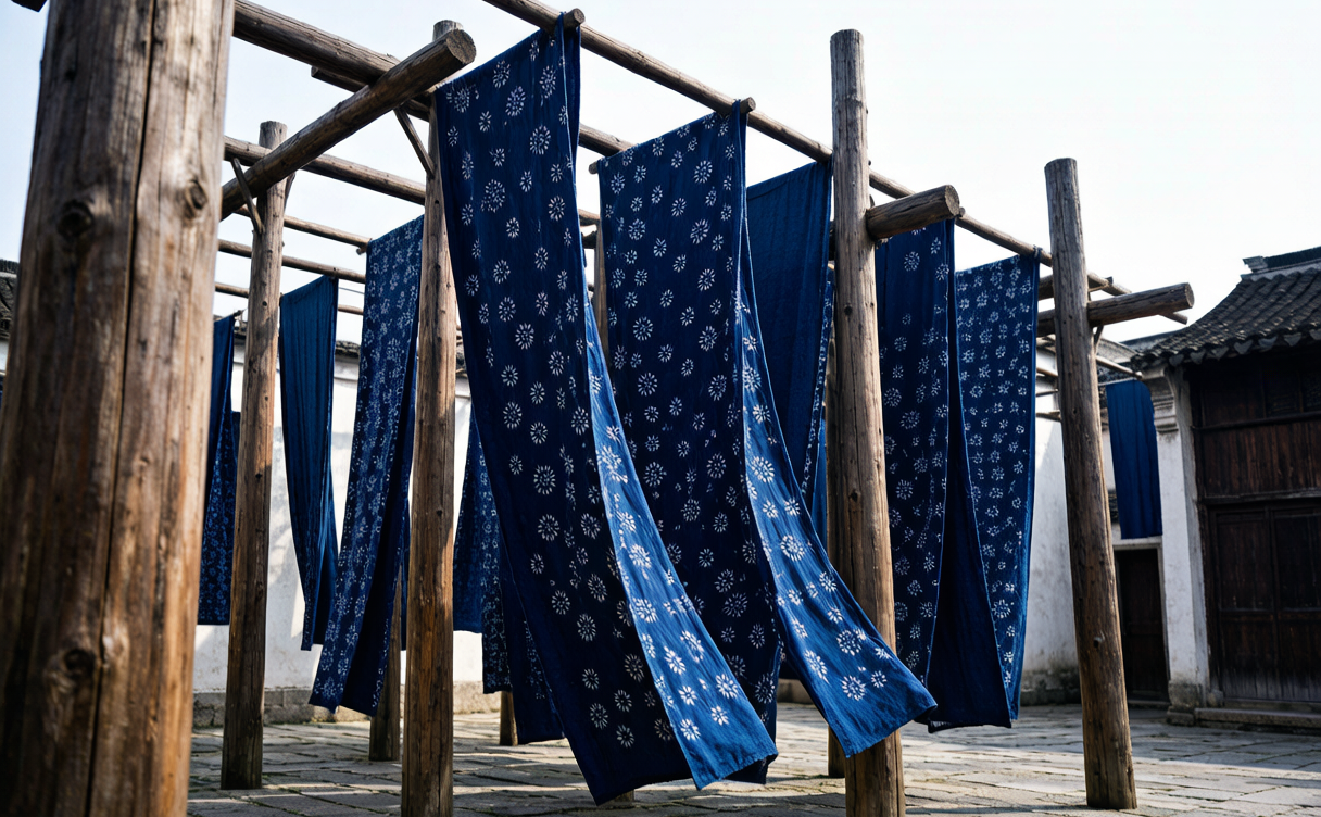 Nantong travel guide - traditional indigo blue calico drying at a workshop in Nantong
