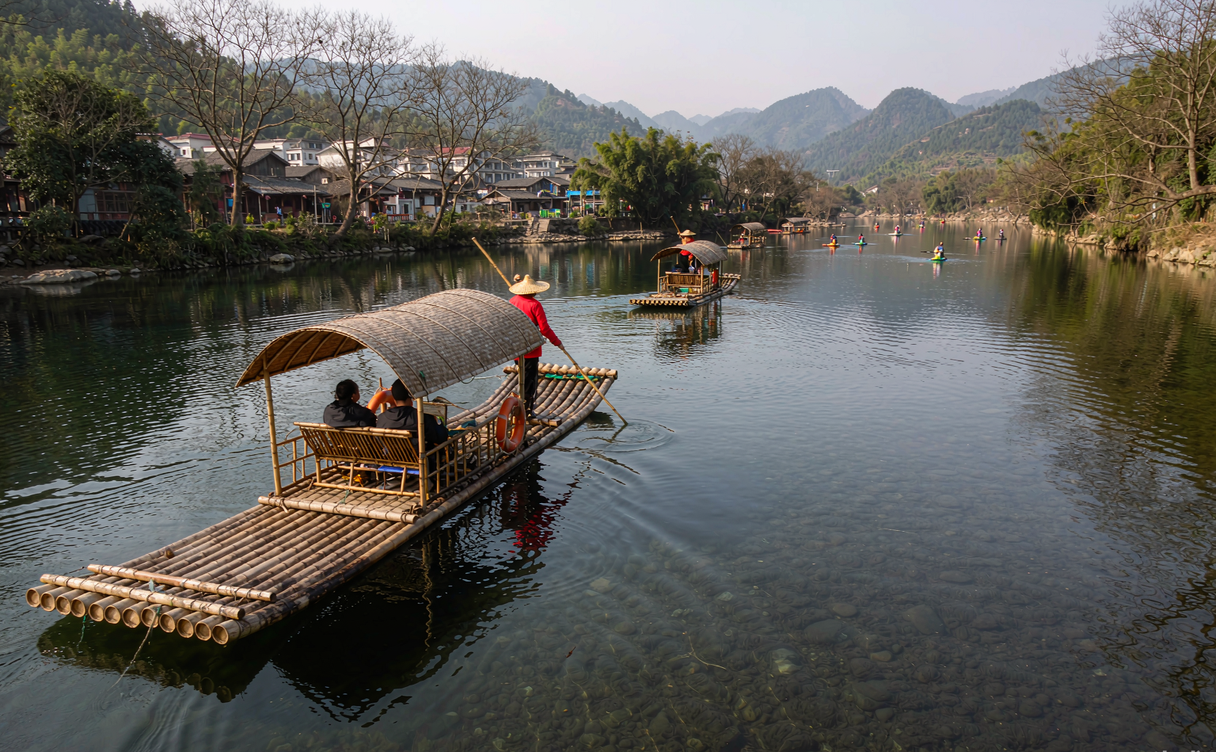 nanxi-river-yongjia-guide - clear Nanxi River shoals and bamboo raft