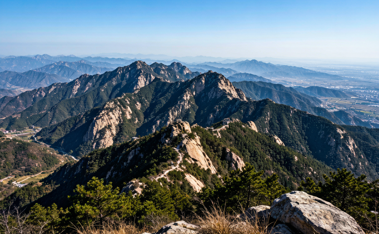 Terraced fields and forested ridges of the Funiu Mountains near Nanyang, Henan