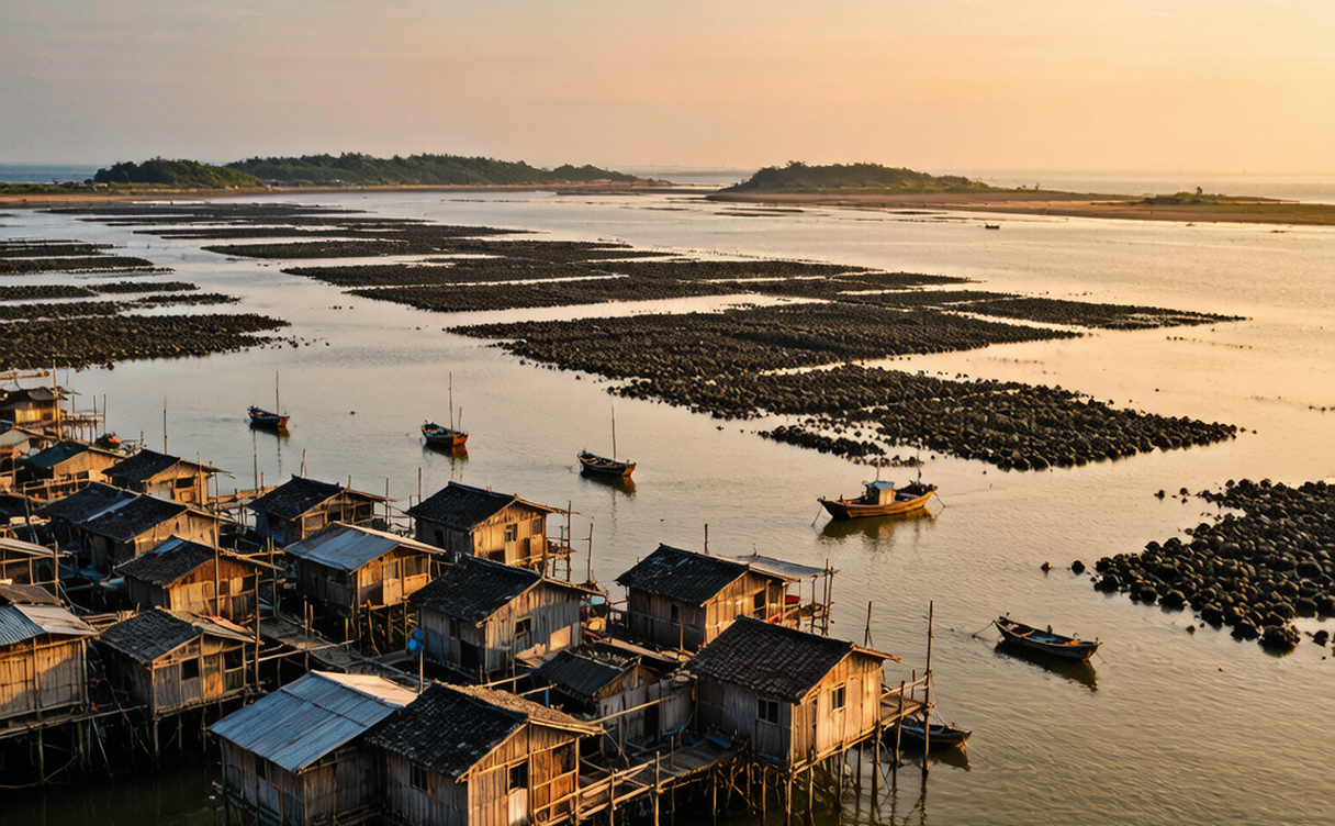 Wooden fishing boats and oyster racks on the tidal flats of the Ningde coastline