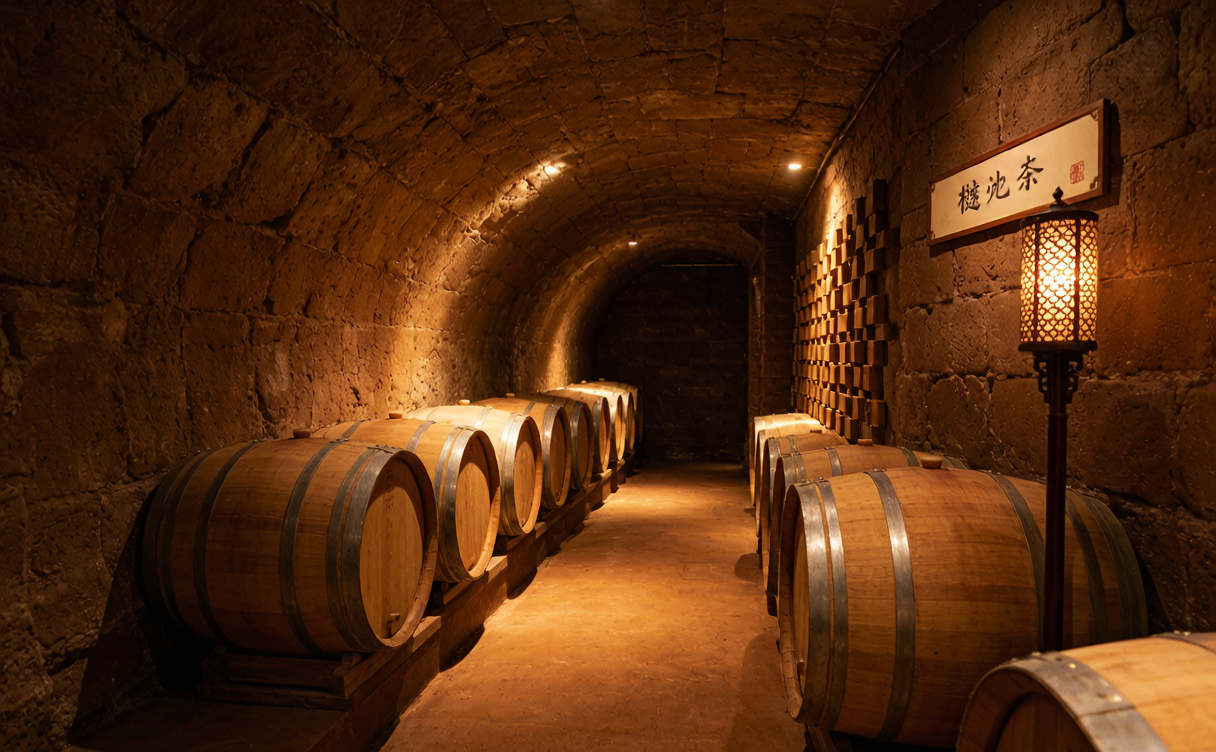 underground barrel cellar with oak barrels and warm downlights in Ningxia