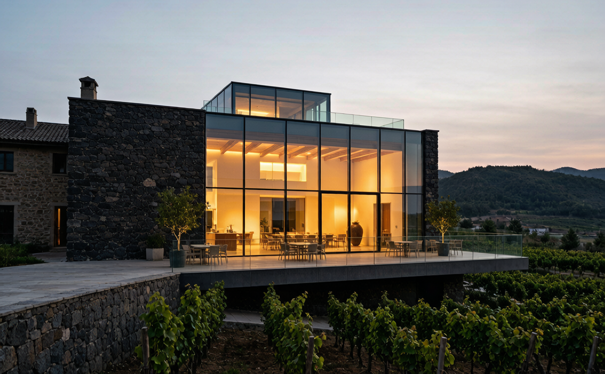modern stone and glass winery with terrace overlooking vines at dusk in Ningxia