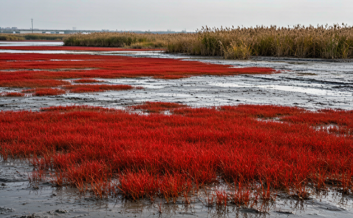 Wooden boardwalk through red Suaeda salsa wetlands at Panjin Red Beach