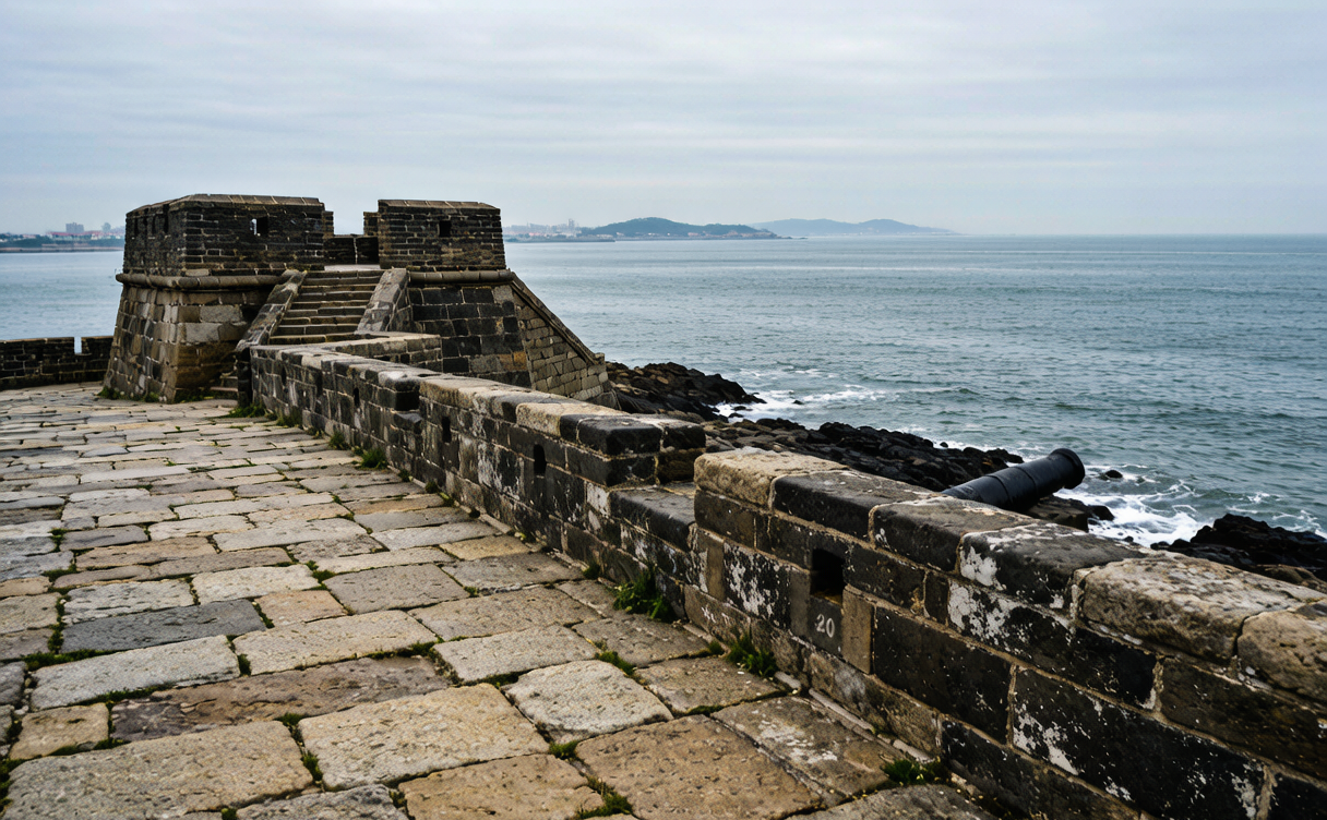 Penglai Water City stone naval basin with arched gate opening to the sea in Yantai, Shandong