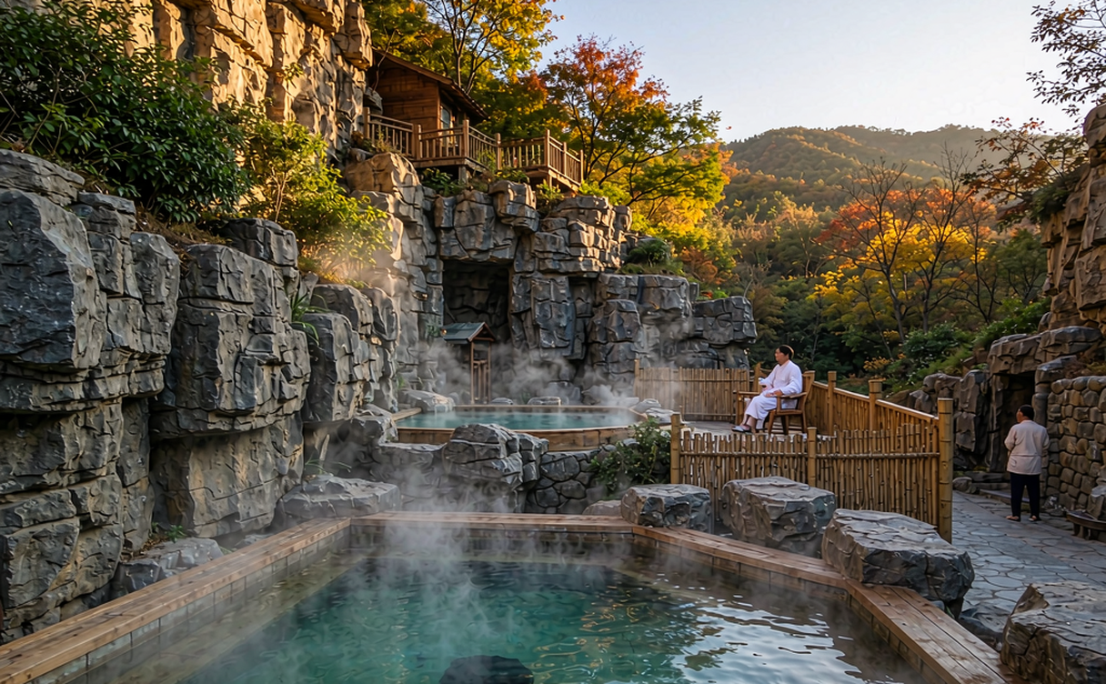 Outdoor hot spring pool in a Pingdingshan valley