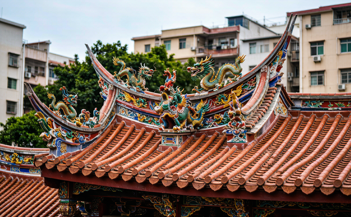 Putian travel guide - swallowtail temple roof with ceramic dragons at a Mazu temple