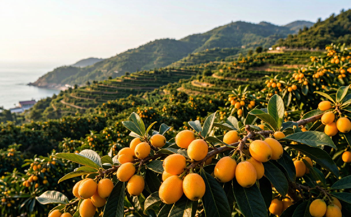 Putian travel guide - loquat orchard with ripe orange fruit on terraced hills