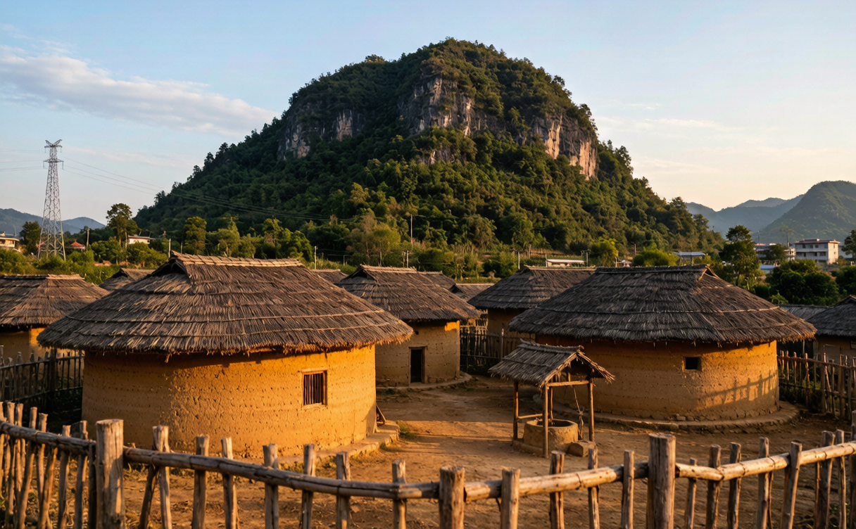 Yi minority village beneath a karst hill at Puzhehei, Yunnan, China