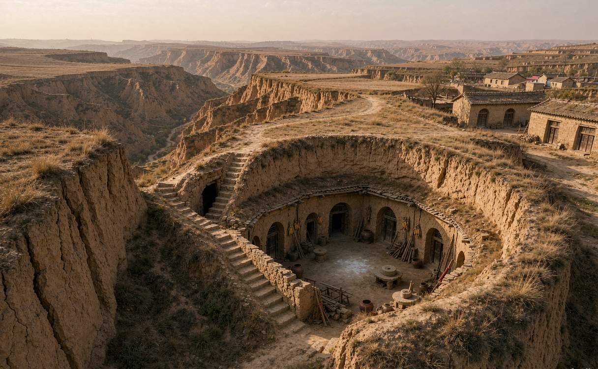 Rock cut Buddhist niches carved into a yellow loess cliff at North Grotto Temple