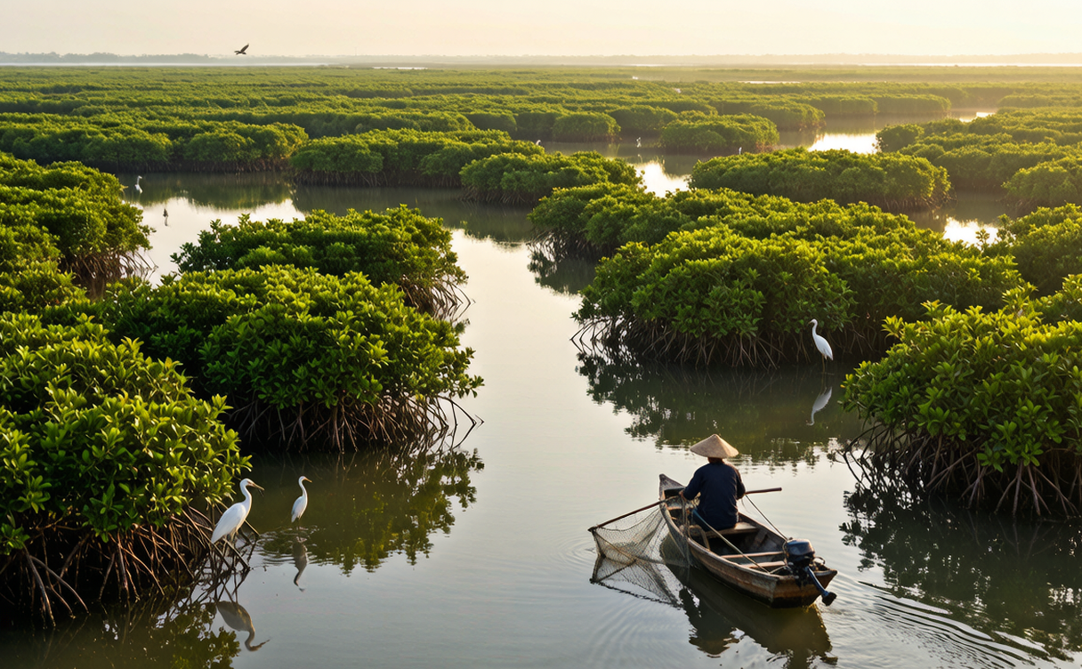 Raised boardwalk through a green mangrove forest in Qinzhou