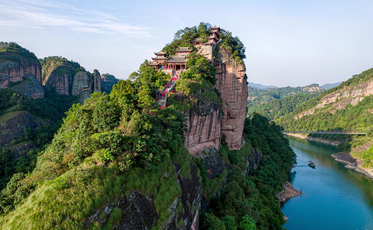 qiyun-mountain-anhui-guide - red Qiyun cliffs above Huizhou villages and the river