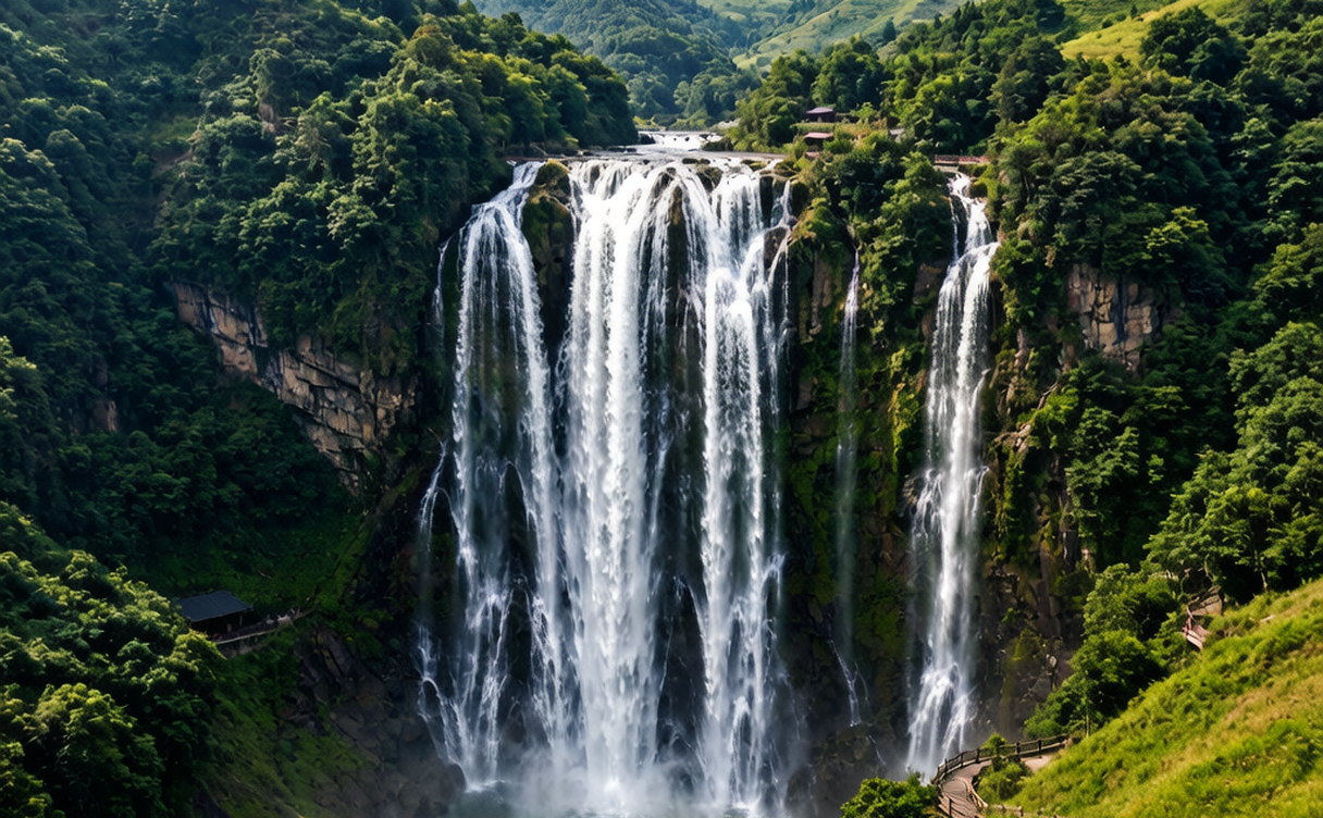 Jiulong Nine Dragon tiered waterfalls surrounded by green hills near Qujing