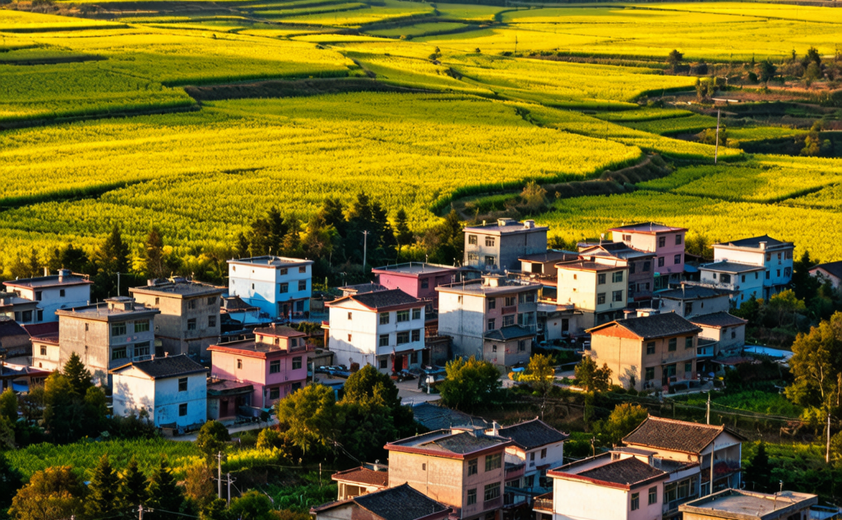 Colorful rural village and canola fields near Qujing in spring