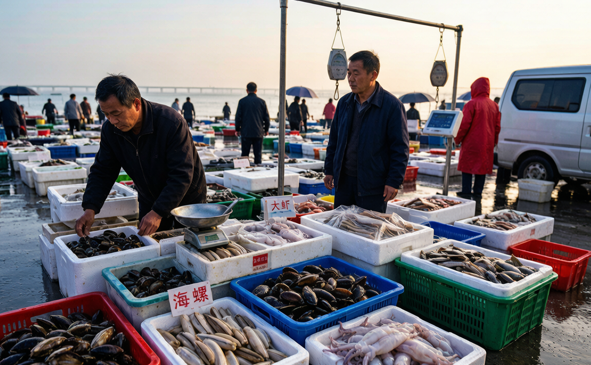 Rizhao travel guide - early morning seafood market at the fishing harbour