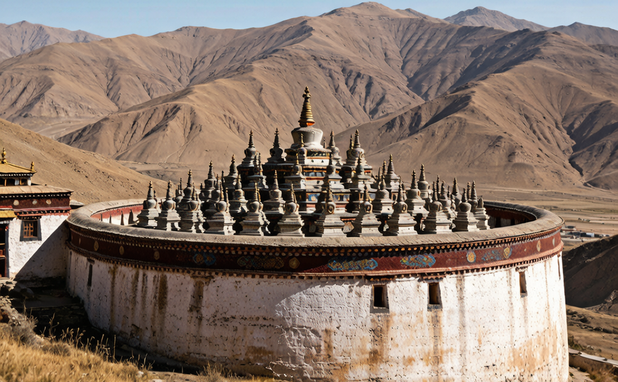 Samye Monastery central temple with tiered roofs surrounded by open Tibetan plateau landscape near Shannan, Tibet, China