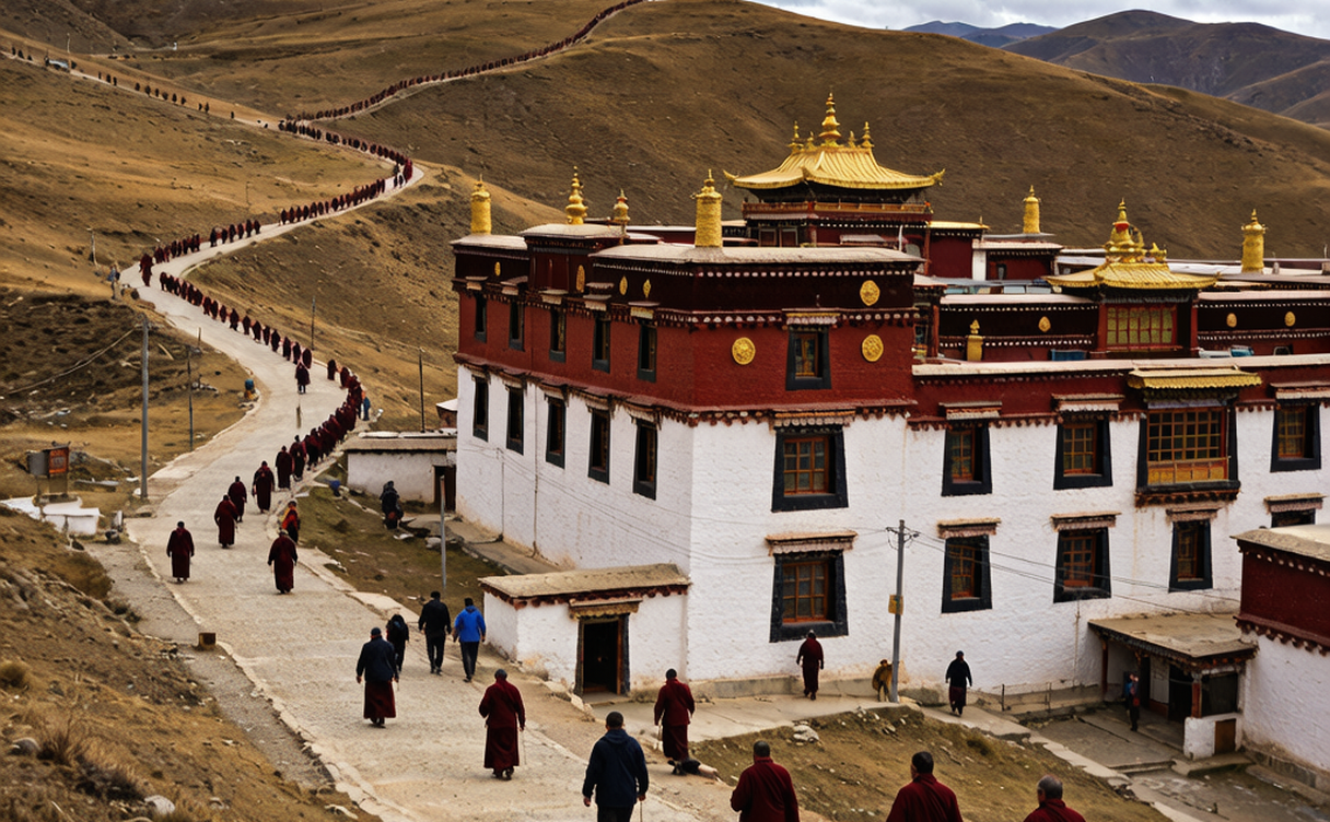 White chortens and colorful prayer flags lining the outer wall of Samye Monastery on the Tibetan plateau
