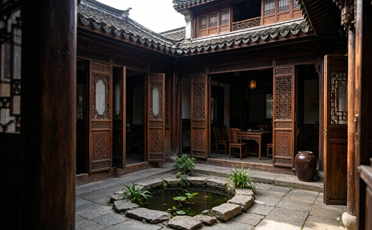 Qing timber courtyard house with carved wooden screens and a stone-rimmed pond in Fuzhou
